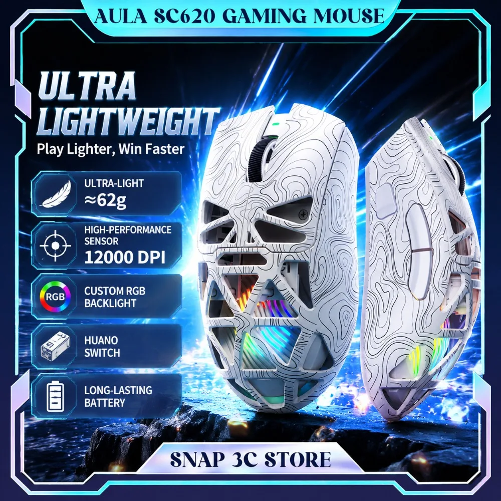 AULA SC620 Tri Mode Wireless Gaming Mouse Honeycomb Ultra Lightweight Right Hand Ergonomic FPS Mouse for VALORANT CS2