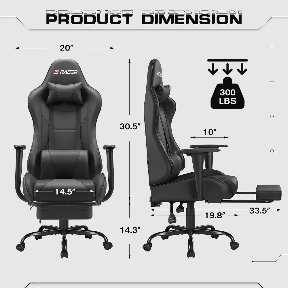 Gaming Chairs: Ergonomic Desk Chair with Footrest, Massage Lumbar Support, Height Adjustable, Swivel Seat view 3