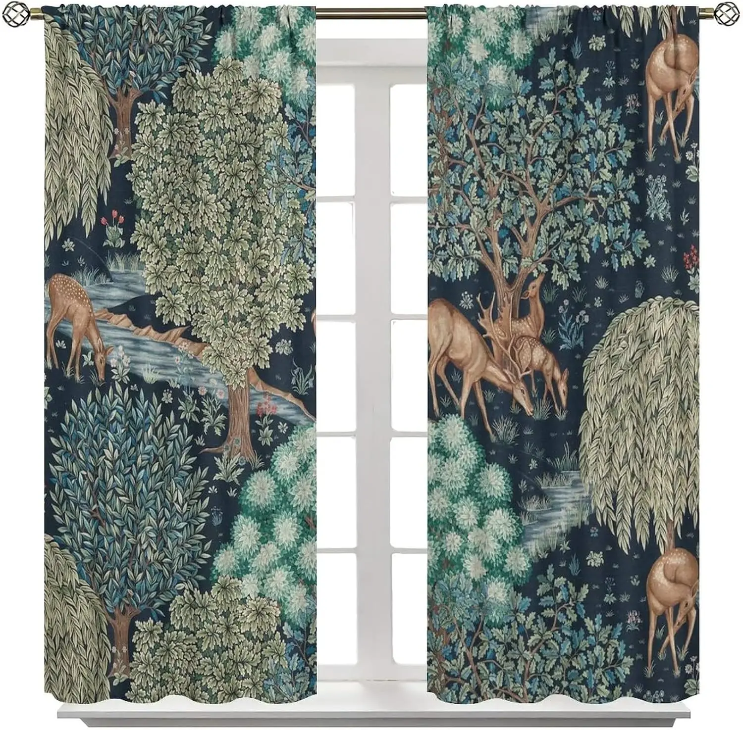 William Morris Curtain Panels, Vintage Forest Deer Stream Botanical Dark Background Print Drapes for Bedroom Window Home Decor