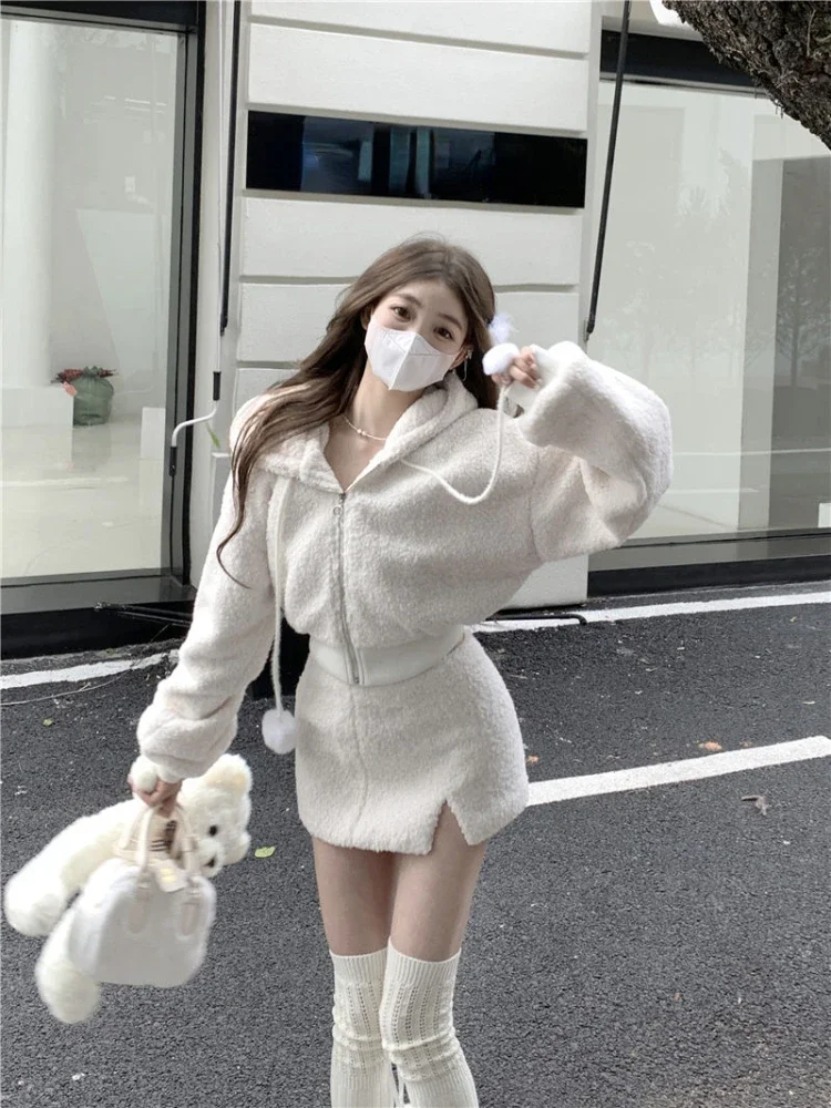 White Korea Y2k Skirts Suit Women Harajuku Elegant Two-piece Set Female Long Sleeve Hoodie + Sexy Party Open Fork Mini Skirt New
