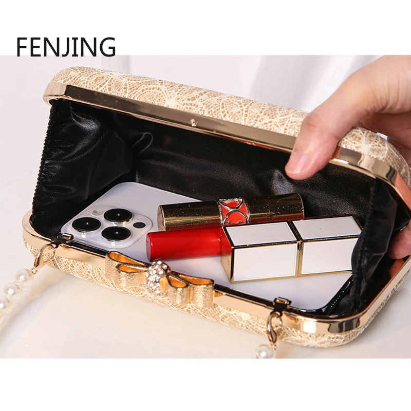 2024 New Evening Bags for Women Lace Flower Clutch Shoulder Purse Luxury Banquet Party Clutch Pearl Top Handbags Bolso Mujer