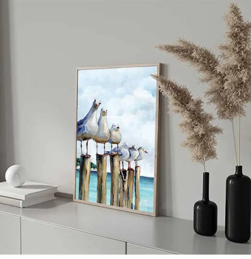 Seagull Wall Art White Blue Painting Canvas Prints Birds Beach Themed Calming Coastal Animal Picture Living Room Decor