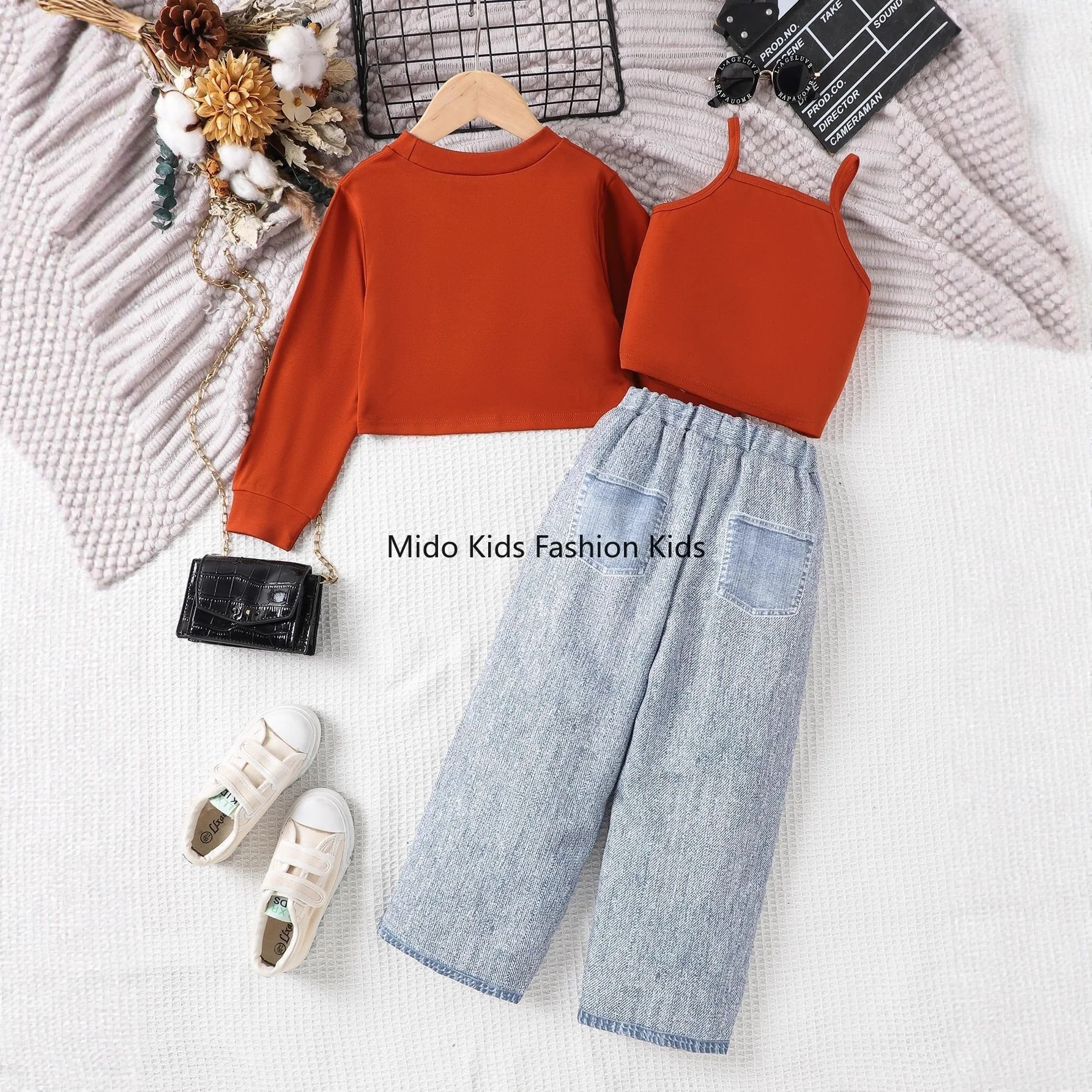 2026 New Kids Girls Streetwear Set Orange Red Crop Sweatshirt Camisole Graffiti Ripped Jeans 3PCS Fashion Outfit for 2-7Y