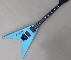 Left Hand 6 Strings Blue V Electric Guitar with Tremolo Bar,Rosewood Fretboard,Can be Customized