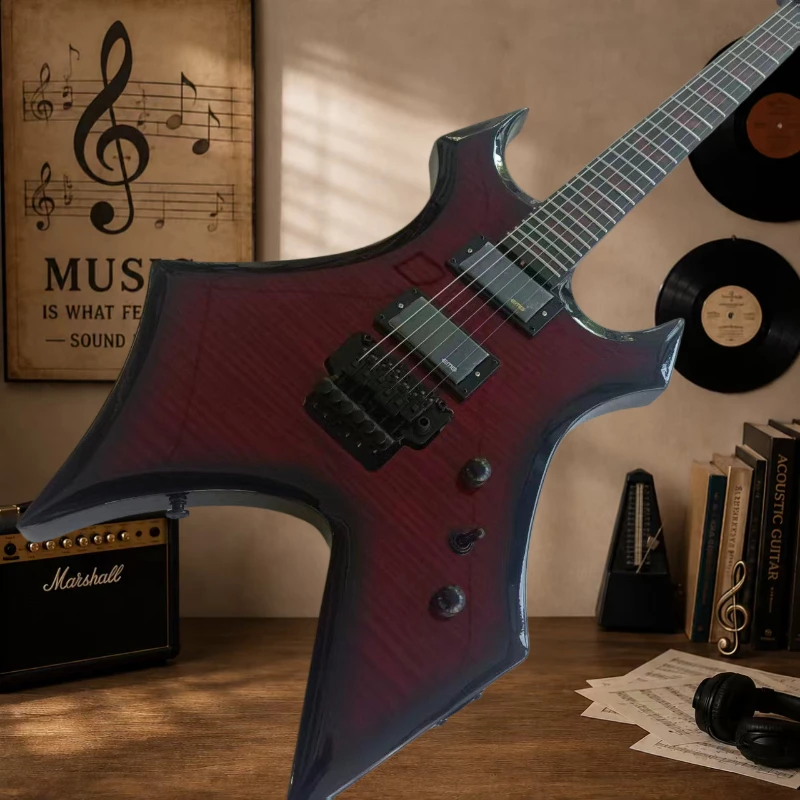 B C Warlock-Style Electric Guitar Black Cherry Burst Tiger Flame Top Triple Humbuckers Floyd Rose 24 Frets Free Shipping