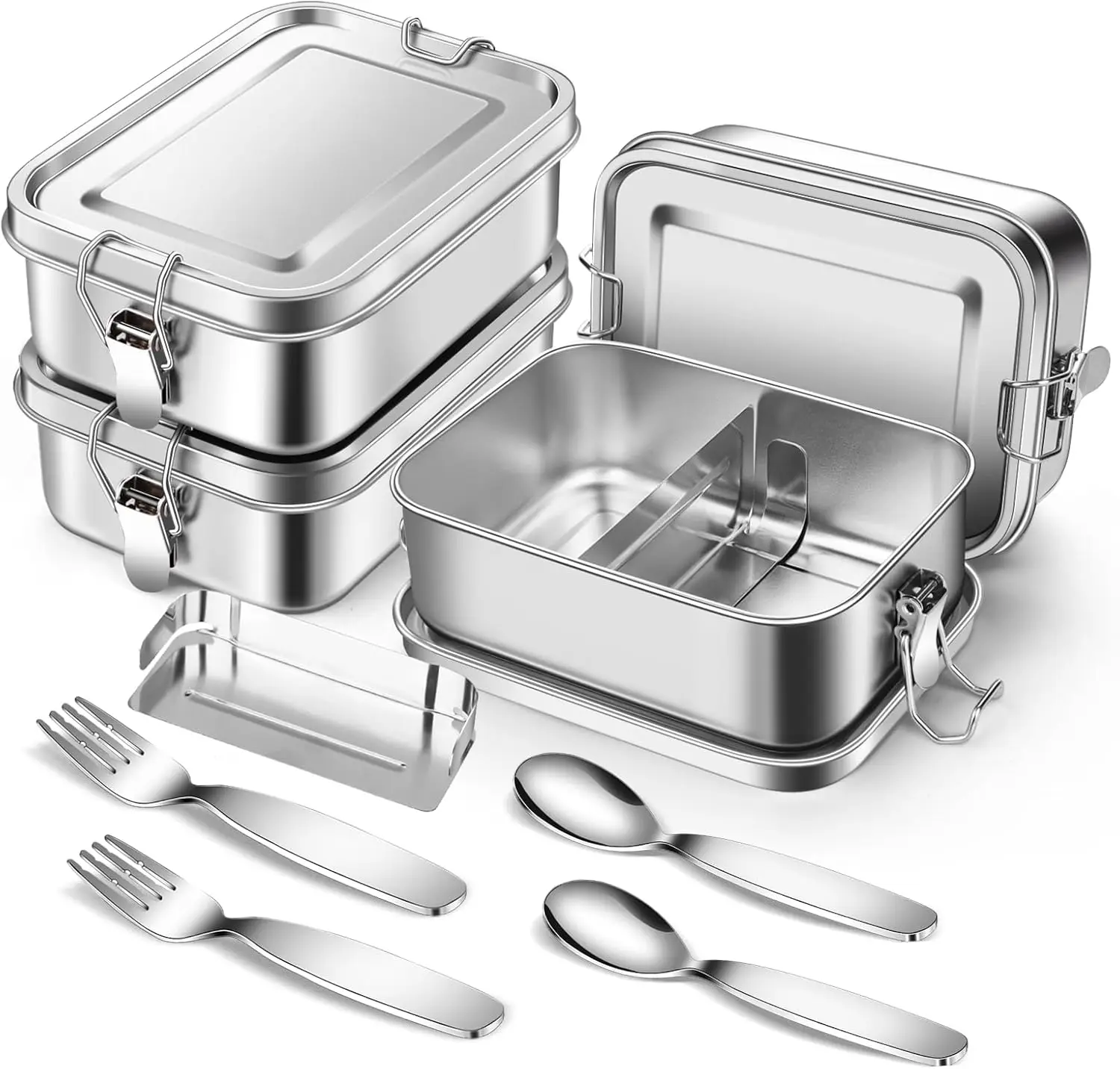 4 Pack Stainless Steel Bento Box 850ml Stainless Steel Containers with Lids Metal Lunch Box with Partition, 2 Spoons