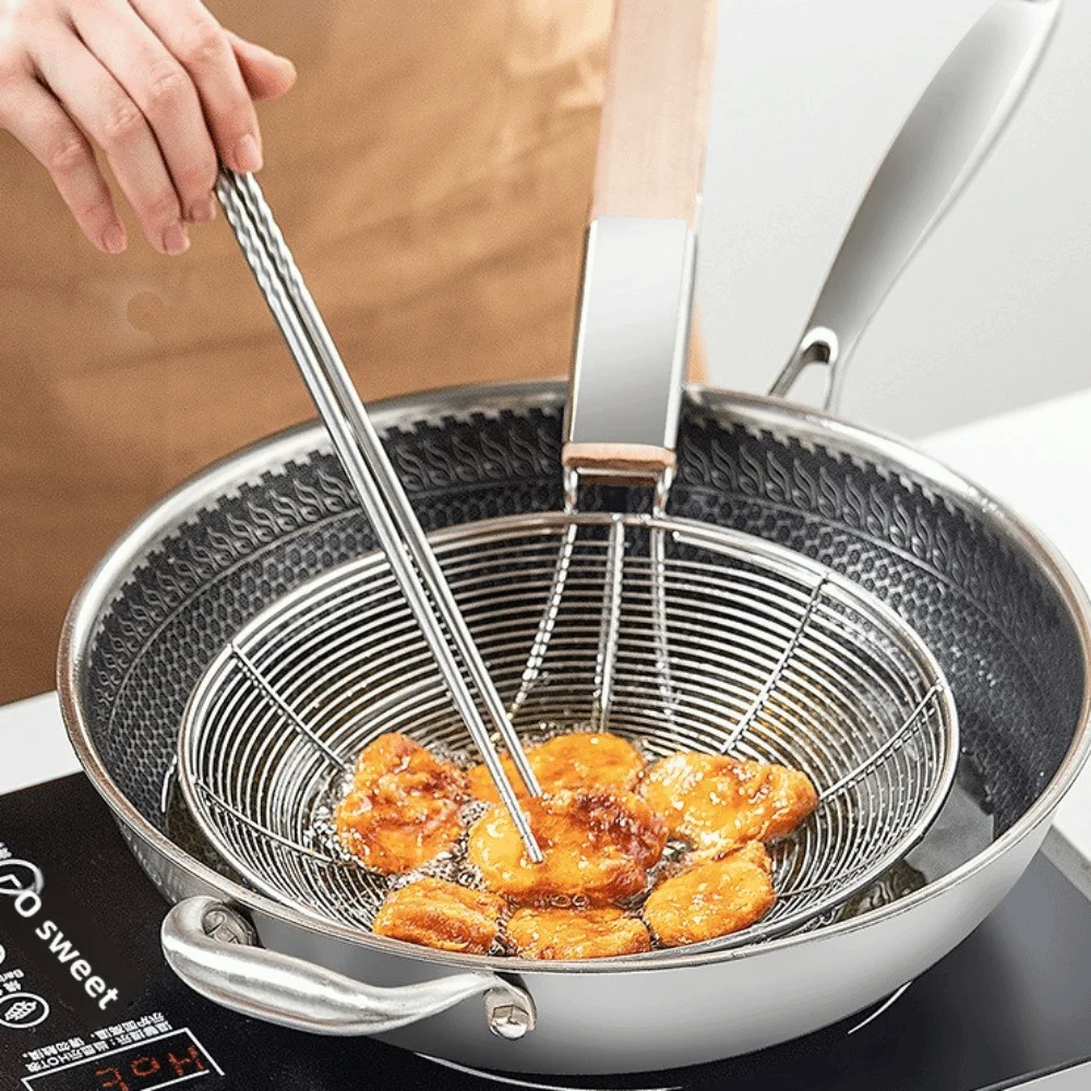 Wooden Handle Stainless Steel Skimmer Heat Resistant Kitchen Utensil Tool Solid Spider Strainer Ladle Fryer Oil Colander
