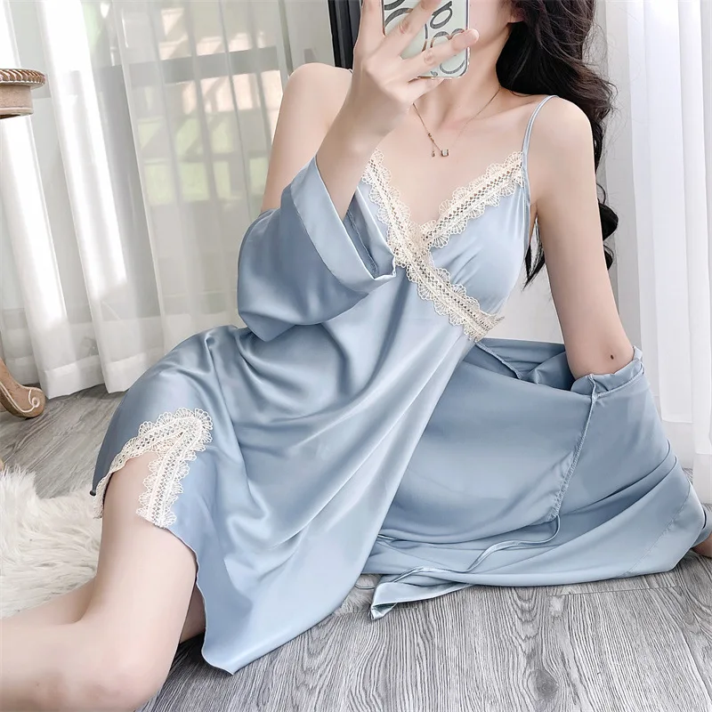 

Female 2PCS Robe Set Lace Nightdress Sleepwear Sleep Suit Summer Women Satin Kimono Bathrobe Nightgown Gown Homewear