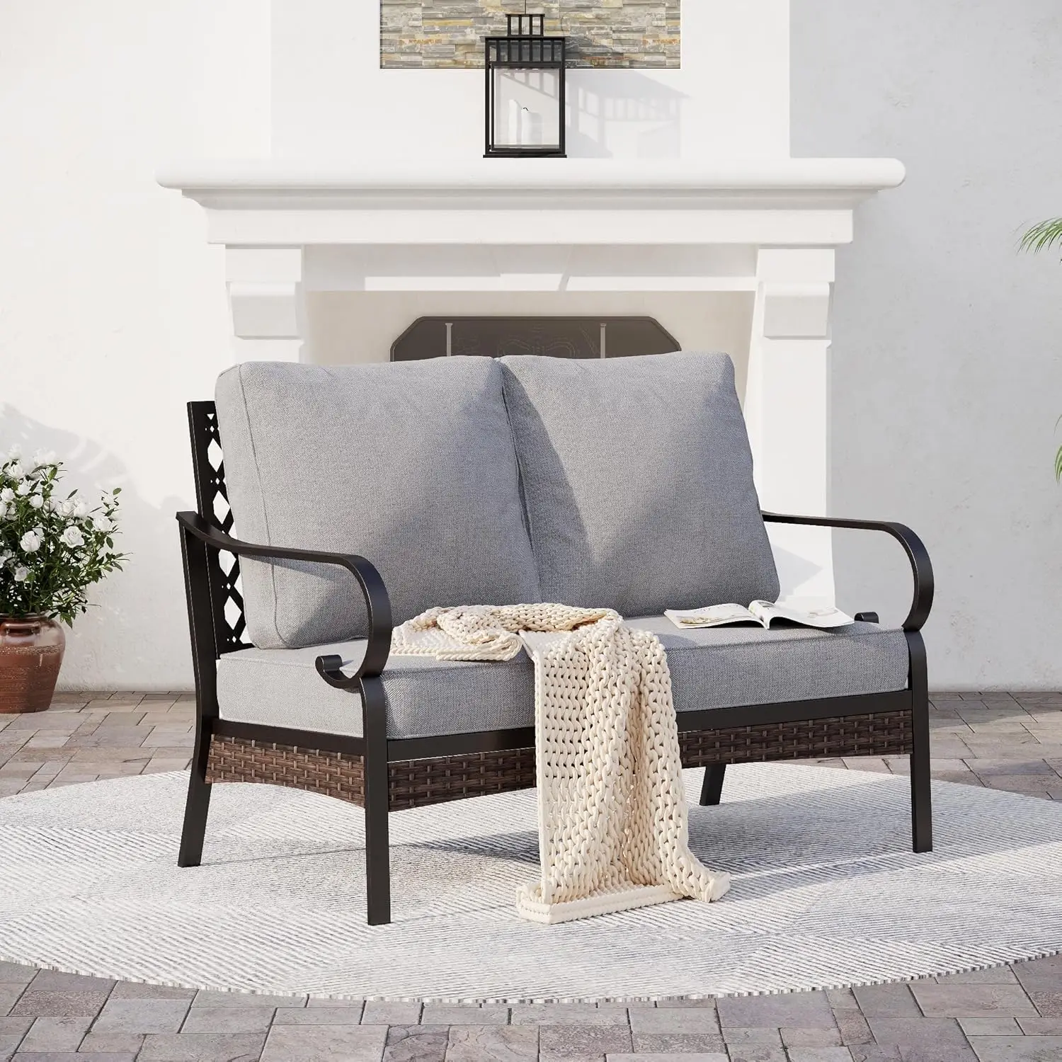 o*-Metal Patio Furniture Loveseat with 5.75" Extra Thick Waterproof Cushion, 2-Seater Deep Seating & High-Back Black, Customized
