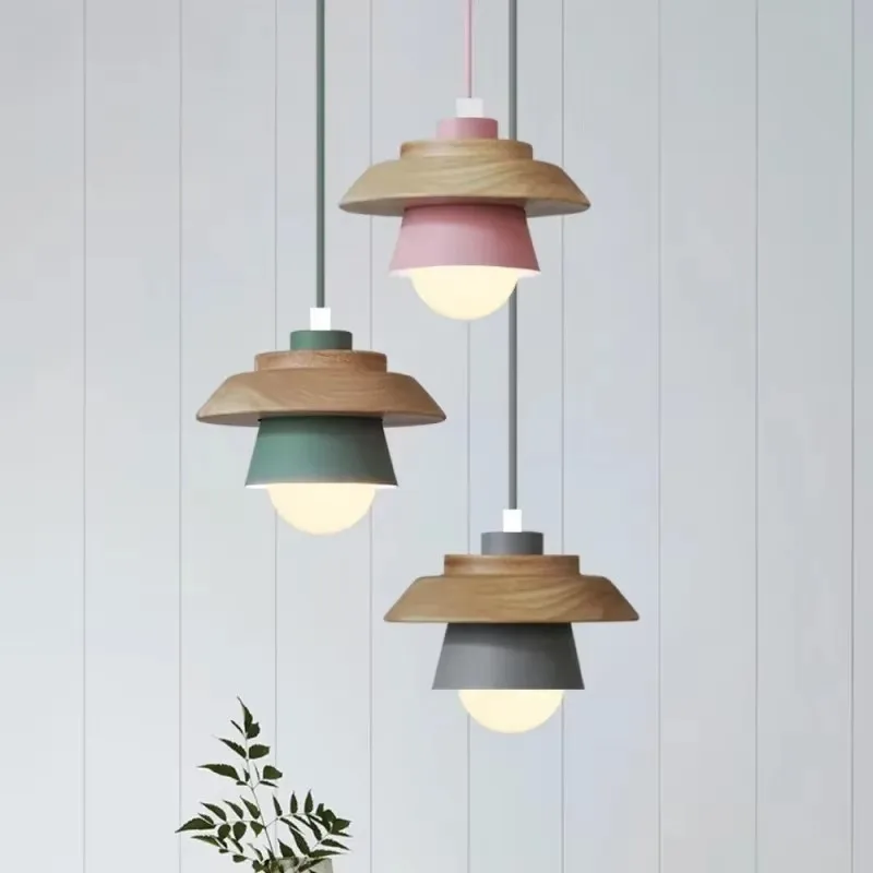 

Macaron Nordic Colorful Pendant Lights Log Wood Ceiling Lamp Lustres Art Decor Hanglamp Suspension Luminaire Living Room Hotel