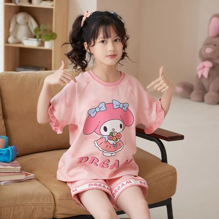 Kawaii Kuromi My Melody Children Pajama Sets Cinnamoroll  Girl Short-Sleeved Shorts Cotton Sleepwear Summer Kids Loungewear