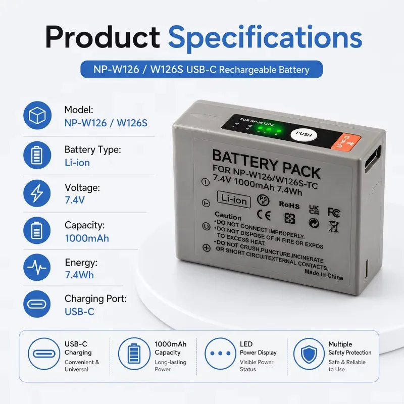 NP-W126S NP-W126 USB-C Rechargeable Replacement Camera Battery For Fujifilm XT30II XM5 X100VI X100V XS10 XT30 XT20 XE4