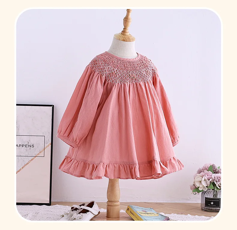 Kids Dress 2024 New Handmade Smocked Design Dress Girls Cute vintage Long Sleeve Pink Smocking Dresses frocks Children Vestido