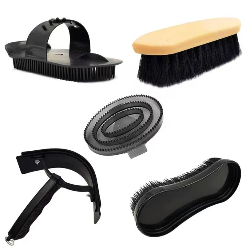 5-Piece Horse Grooming Tool Set with Body Brush, Rubber Comb, Detail Brush, Hand Brush, and Sweat Scraper for Routine Care 69HD