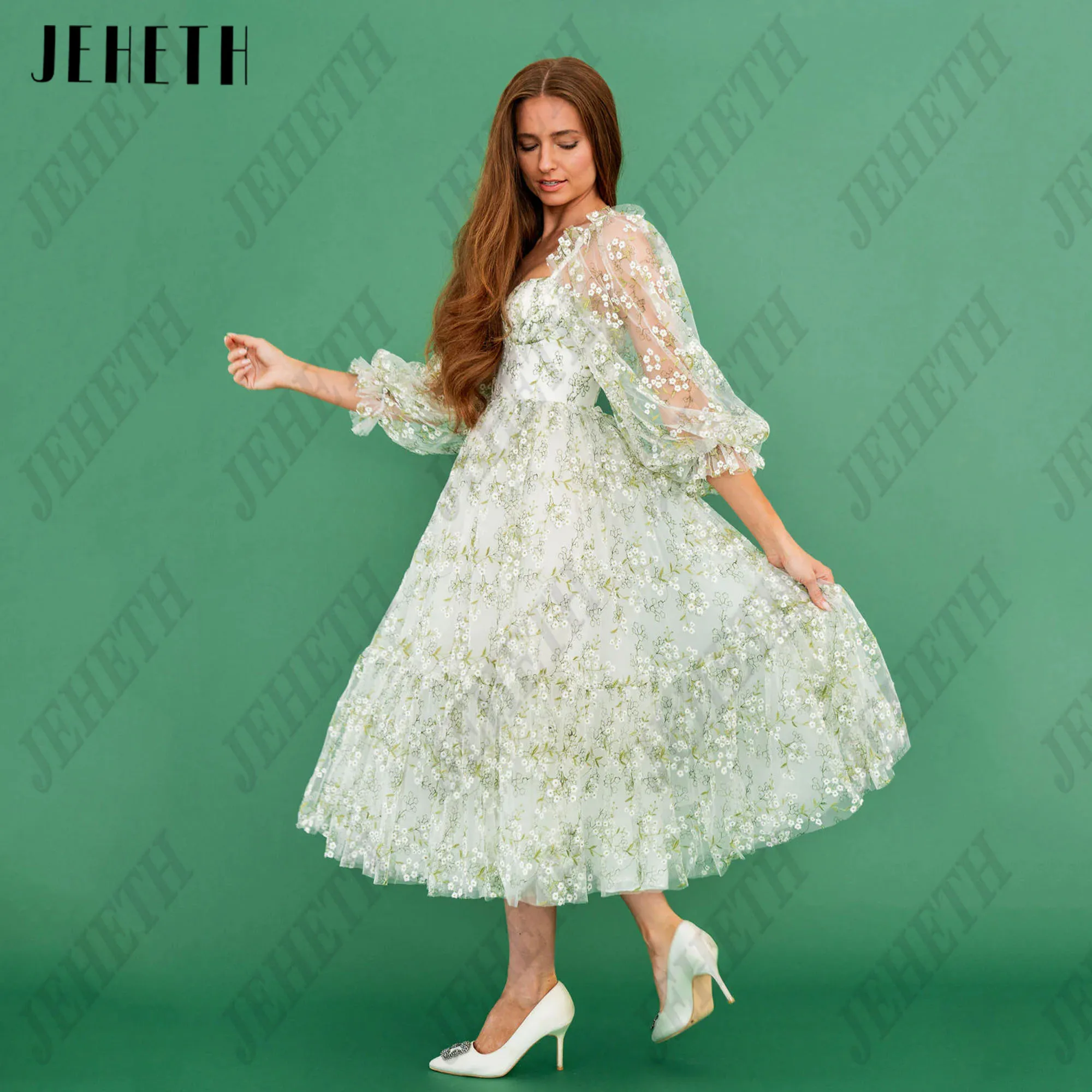 Jeheth Blumen druck Midi Ballkleid 2025 Frauen Korsett Schatz grün Heimkehr Fortschritte Tee-Länge Abendkleider angepasstJEHETH Floral Print Midi Abschlussball Kleid 2025 Frauen Korsett Herz Grün Homecoming Gresses Tee