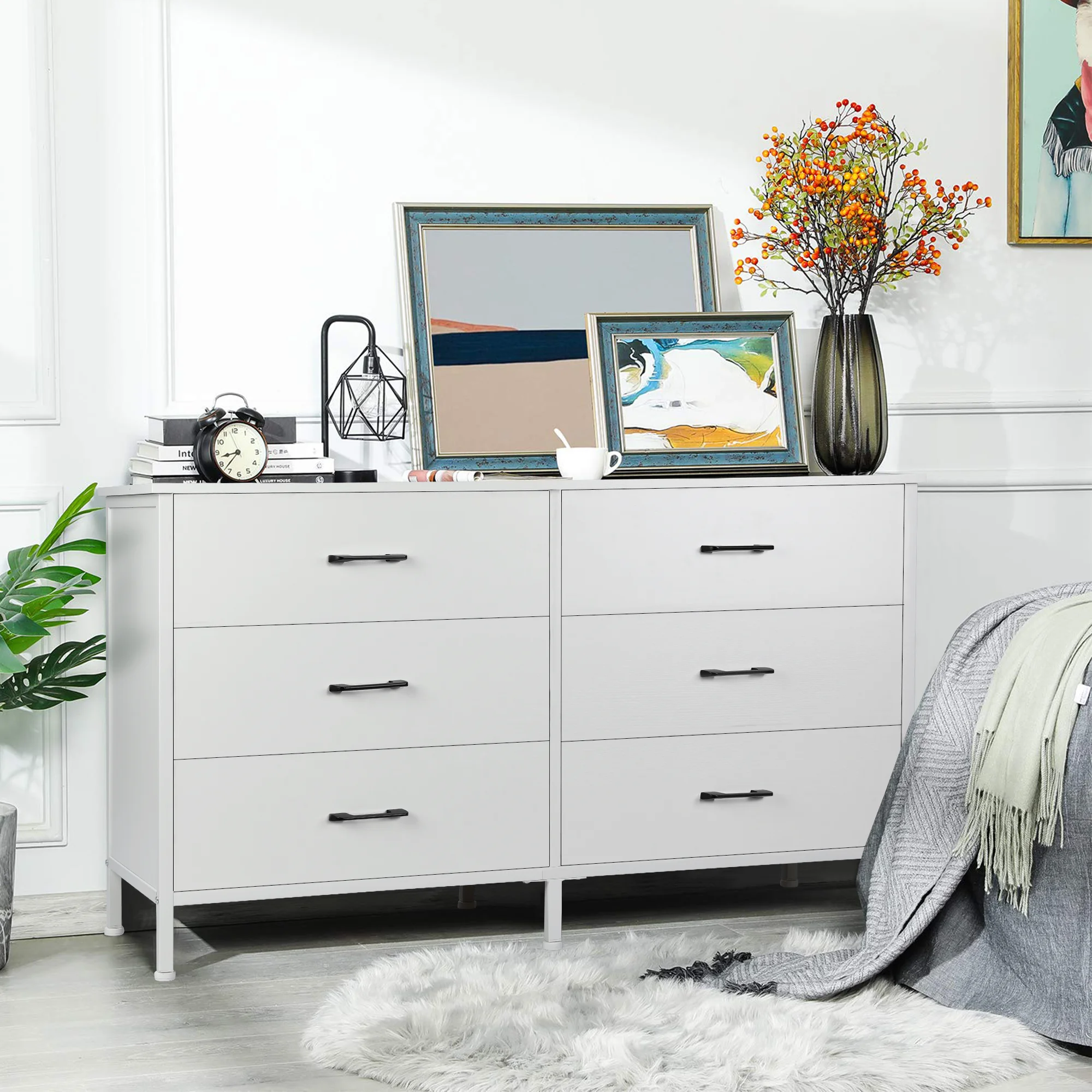 47.3'' Drawer Dresser Chest of 6 Drawers for Bedroom, Steel Frame, Storage Cabinet, Black, White