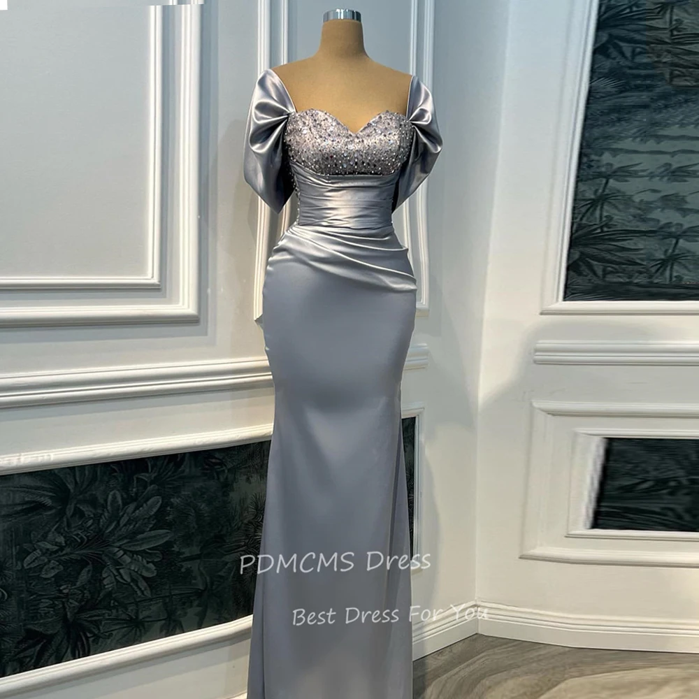 

Elegant Dusty Blue Off Shoulder Prom Gowns Pleats Sweetheart Mermaid Evening Party Dresses Arabic Gowns Solid Robes De Soiré