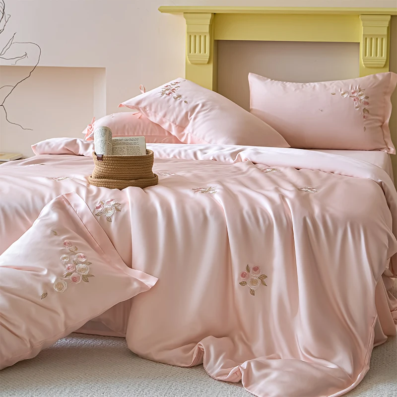 French Princess Lyocell Bedding Set - Rose Embroidery, Silky Soft, Cooling Eucalyptus Fiber, Duvet Cover Bed Sheet Pillowcases