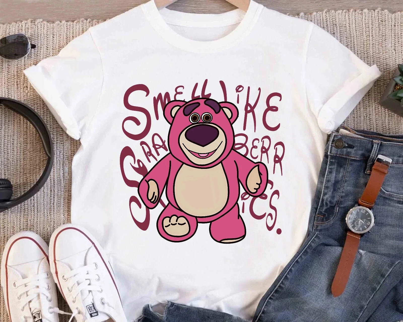 Koszulka unisex Disney Pixar Toy Story Miś o smaku truskawkowym, bawełniana, streetwearowa, codzienna, wygodna.