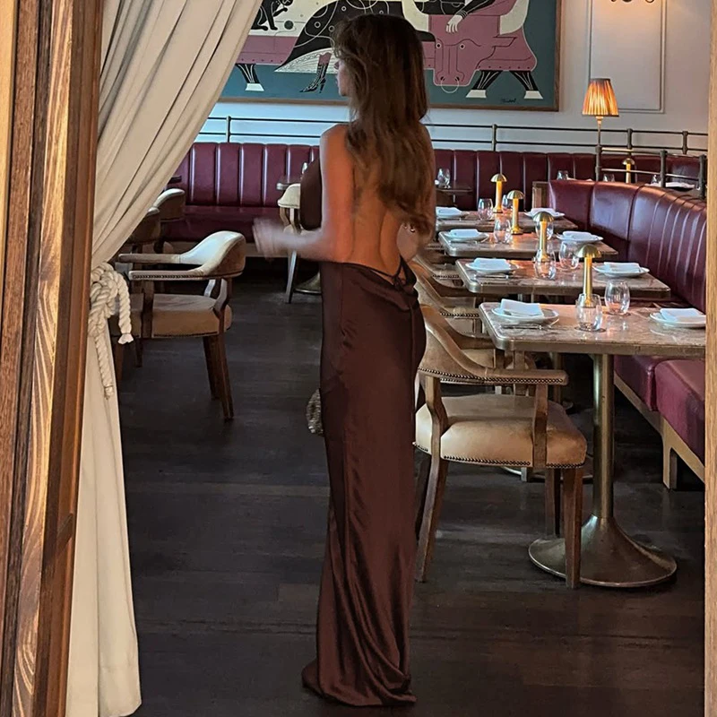 Sexy Low Cut Solid Satin Evening Dress Fashion Backless Sleeveless Slim Banquet Dress Women High Waist Lace Up Wrap Hips Dresses