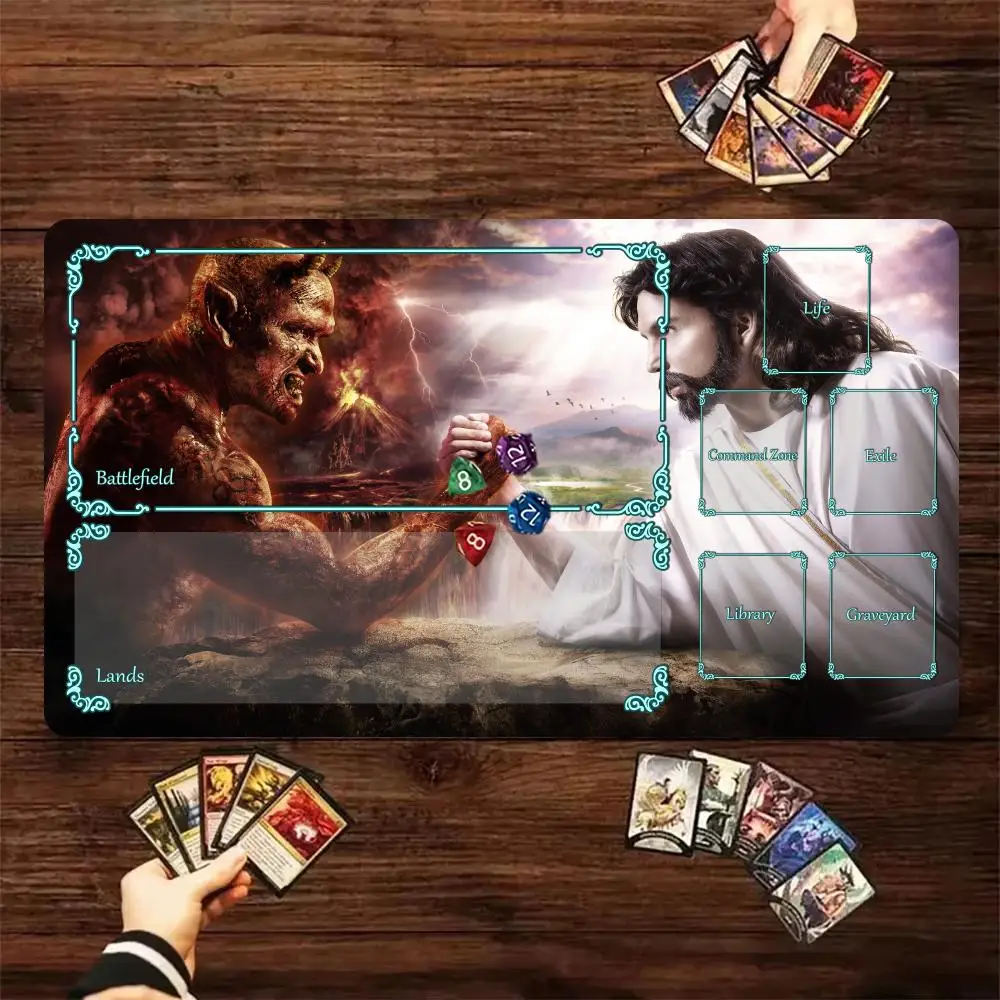 60X35cm Devil Vs God Arm Wrestling Play mat Zoned Gathering Desk Mat Non-Slip Rubber Base Stitched Edges For TCG Card Game