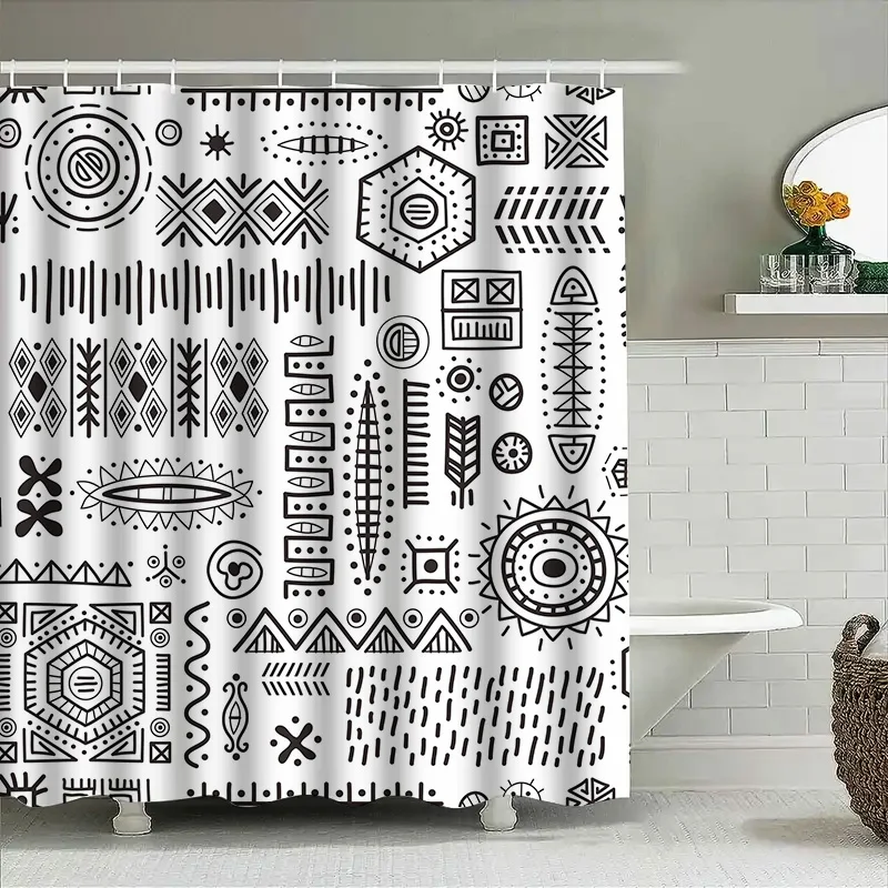 

Черно-белая занавеска для душа с этническим узором для декора ванной комнаты, водонепроницаемая ткань с 3D-печатью, универсальный размер (180x240 см)