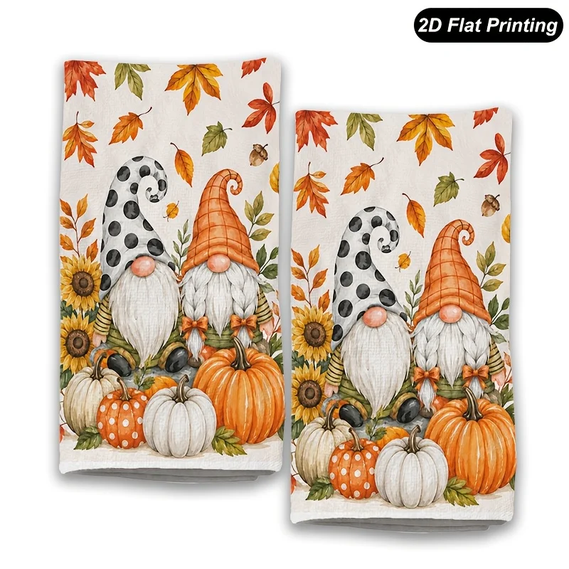 2-Pack Fall Gnome Kitchen Towels - Farmhouse Style Dishtowels for Thanksgiving Decorations