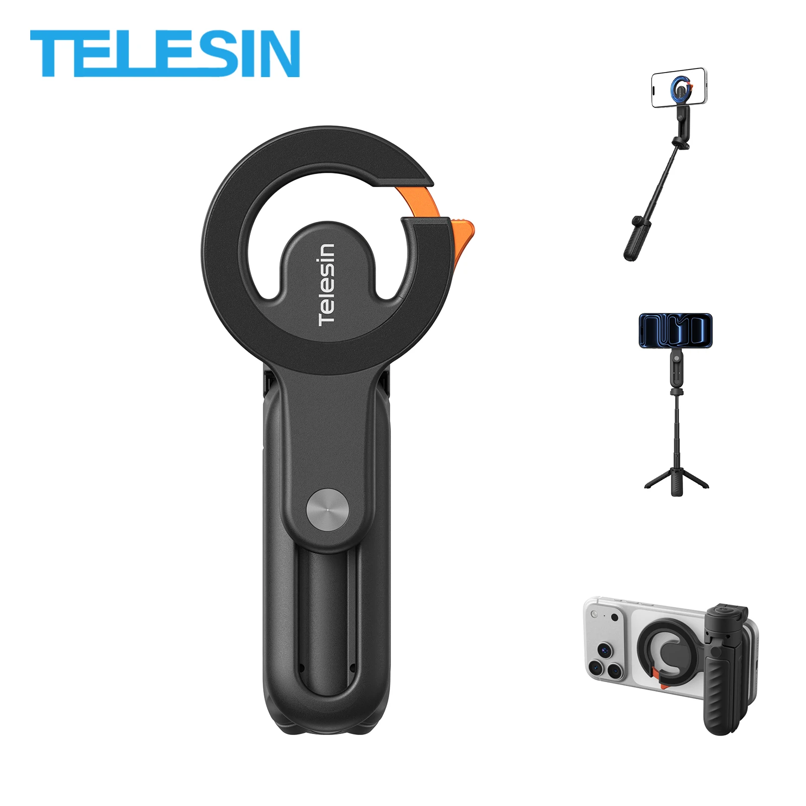 TELESIN Multifunctional Magnetic Carabiner Phone Holder Handheld Selfie Stick Foldable Tripod Portable Desk Stand for Smartphone