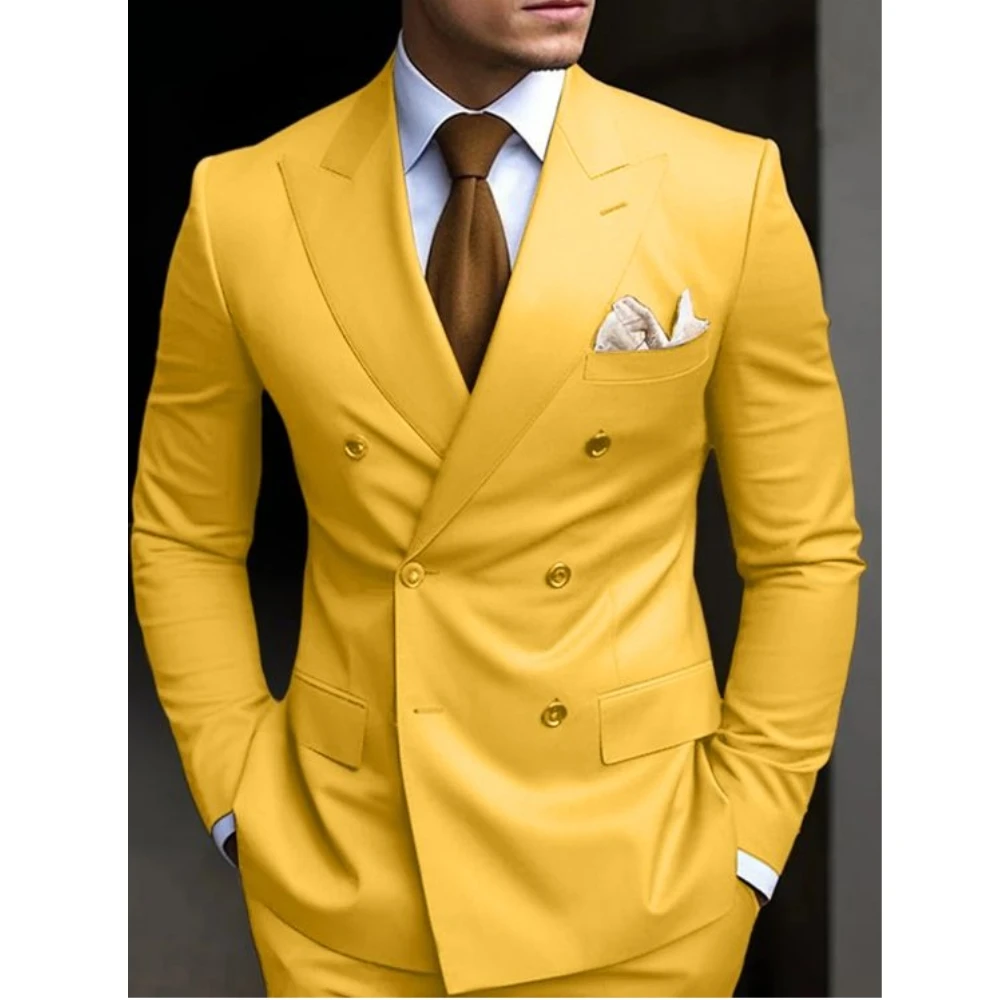 

Dark Yellow Men's Suits Tailored Fit Double Breasted Six-buttons 2 Piece Blazer Pant Solid Wedding Tuxedos Male Prom Party Suits