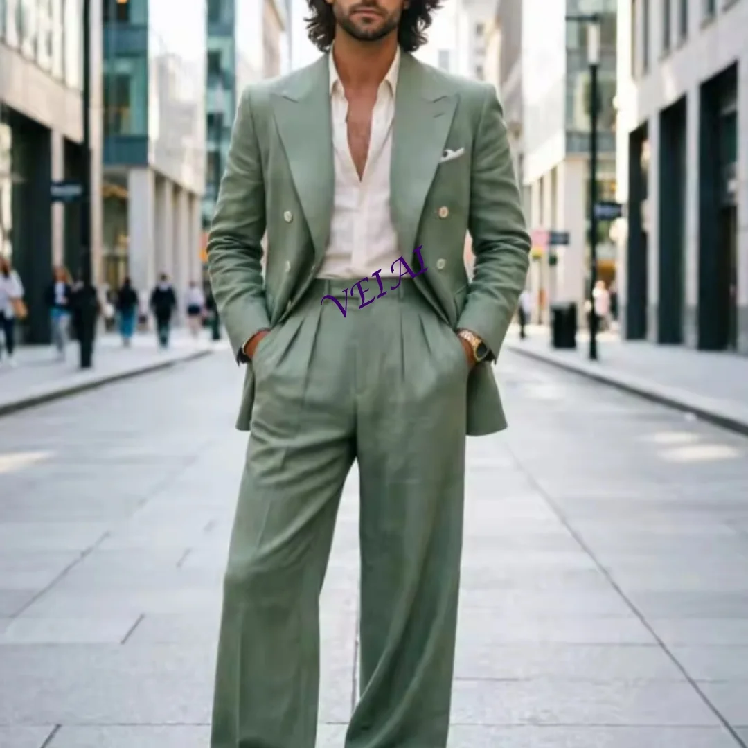 Light Blue Linen Double Breasted 2 Piece Wedding Suit Slim Fit Gold Buttons Blazer Pants Set Customized Relaxed Tailoring