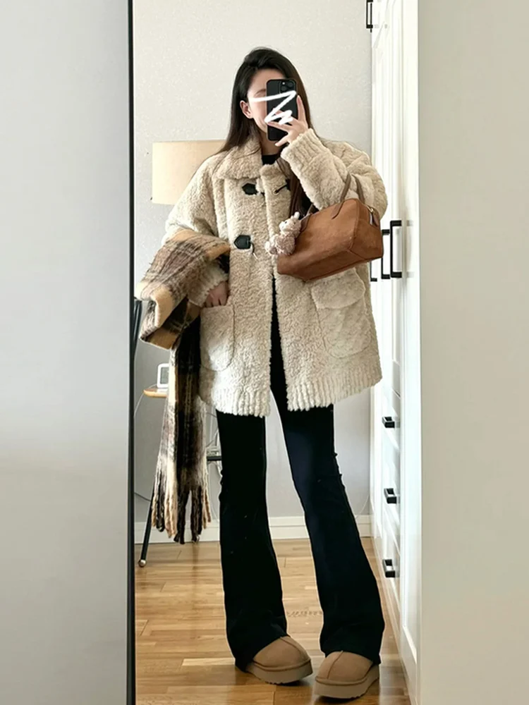 

Свободная утепленная куртка из овечьего меха для женщин, корейский стиль, белое пальто из флиса, осень-зима, новинка, наполнитель из полиэфирного волокна Tagkita