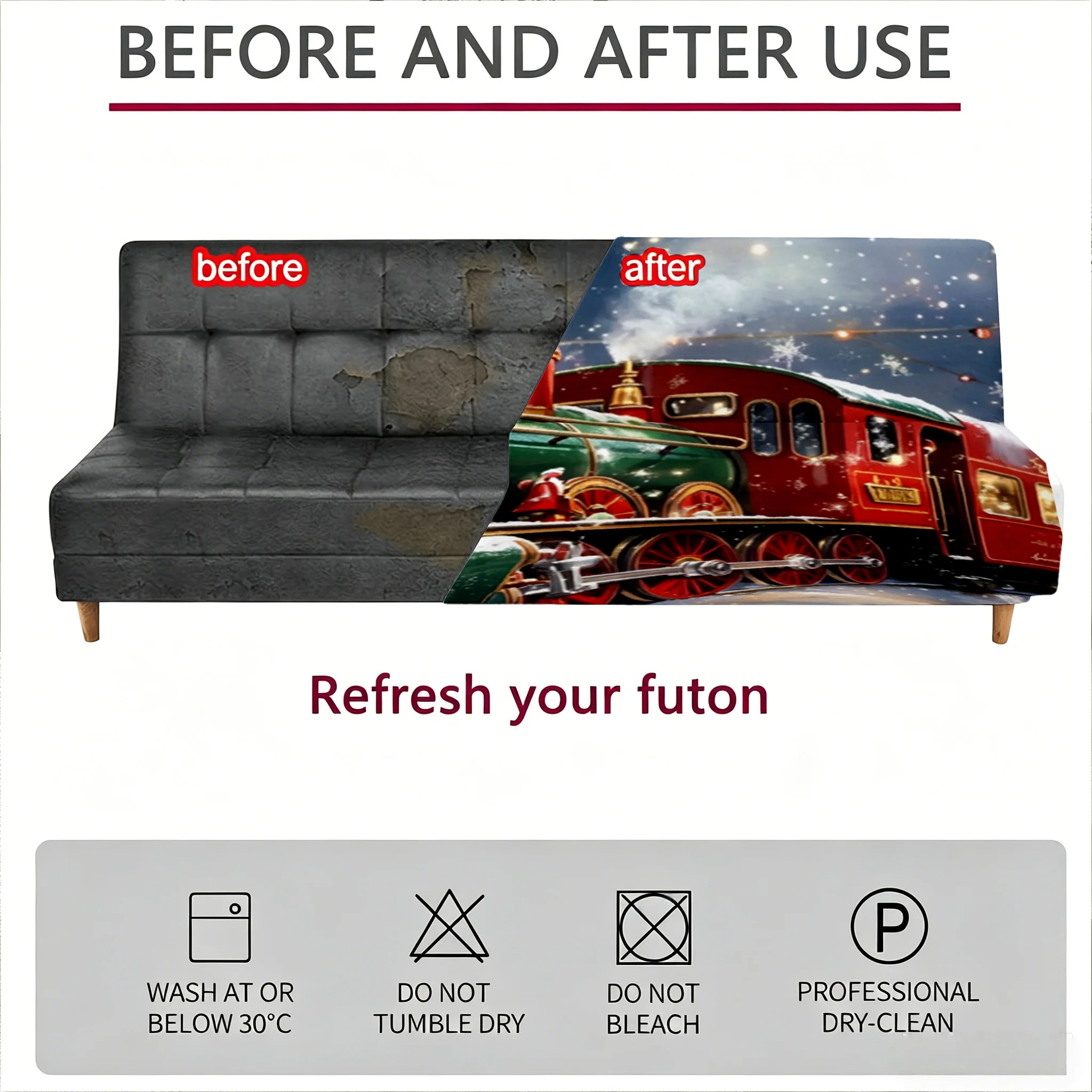 1PC Christmas Train Snow Landscape Printed Elastic Folding Sofa Bed Cover, Holiday Decoration for Armless Sofa cover