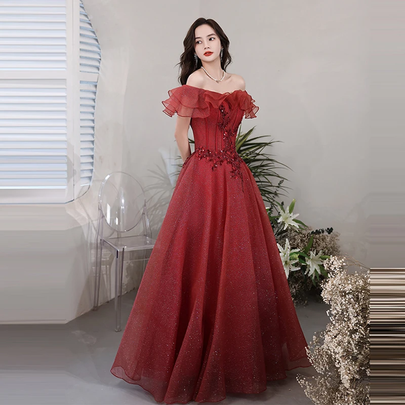 Bridalaffair contas de luxo ruffled prom dres fora do ombro a linha vento vermelho tule vestido de noite longo vestido de dama de honra robe de soirée