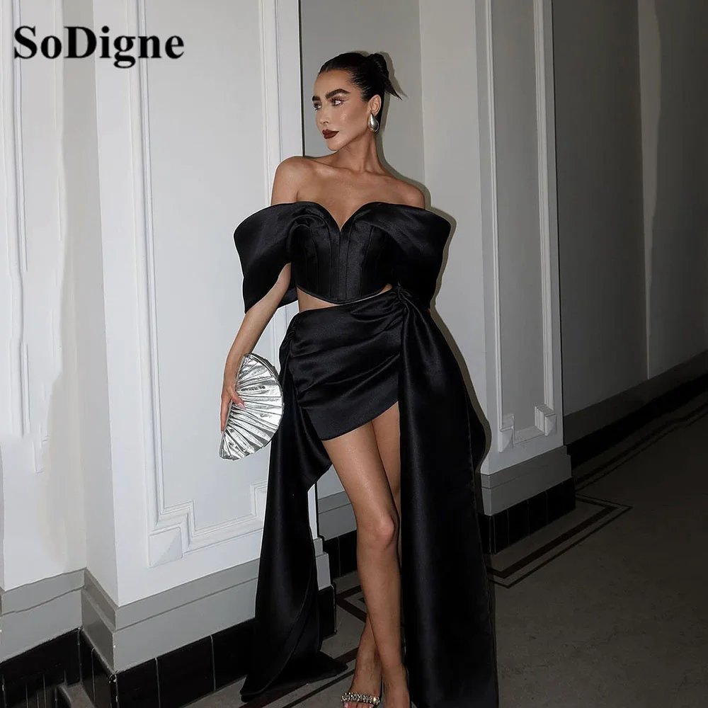 SoDigne Black Satin Evening Dress Elegant Off The Shoulder 2 Pieces Sexy Prom Dresses Celebrity Club Night Party Gown