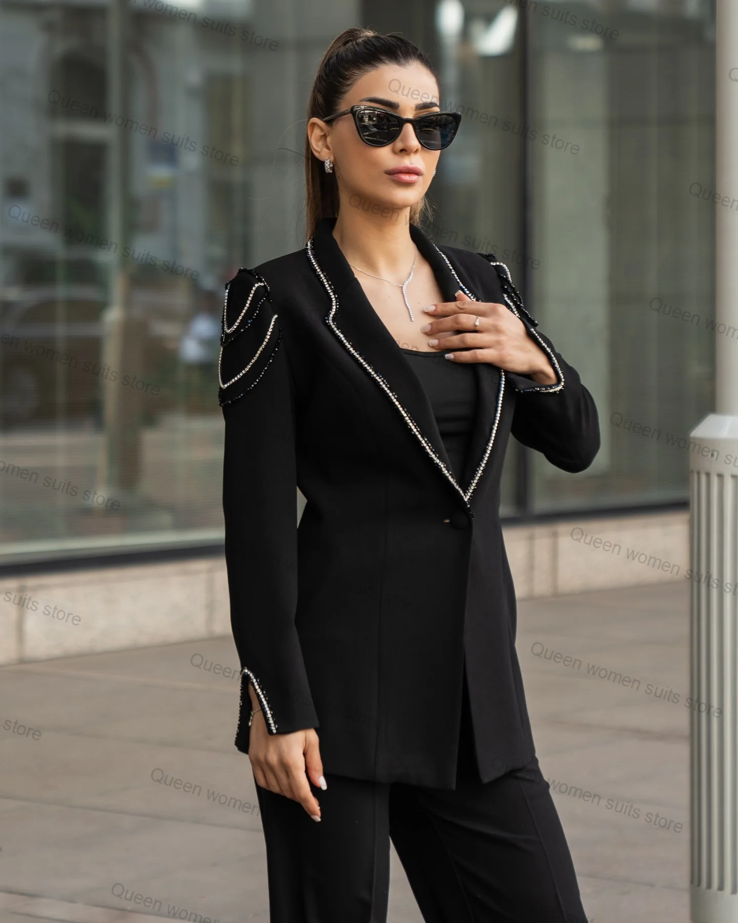 

Black Crystals 2 Piece Women Suits Pants Set Blazer+Trouser Formal Office Lady Tailored Size Wedding Tuxedo Coat Prom Jacket