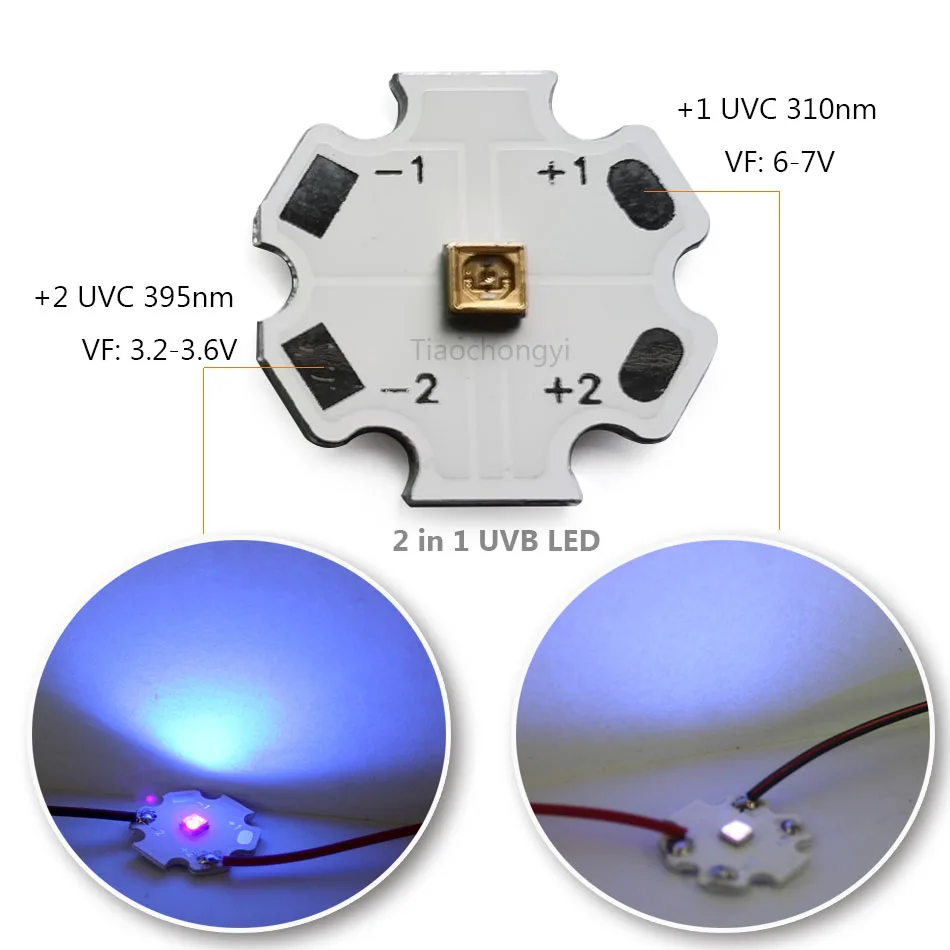 Imagem -04 - Uvb Led 310nm Mais 395nm In1 Uvc Dupla Cor Led 0.1w uv Ultra Violeta Lâmpada Luz Roxa com 20 mm Pcb 3535