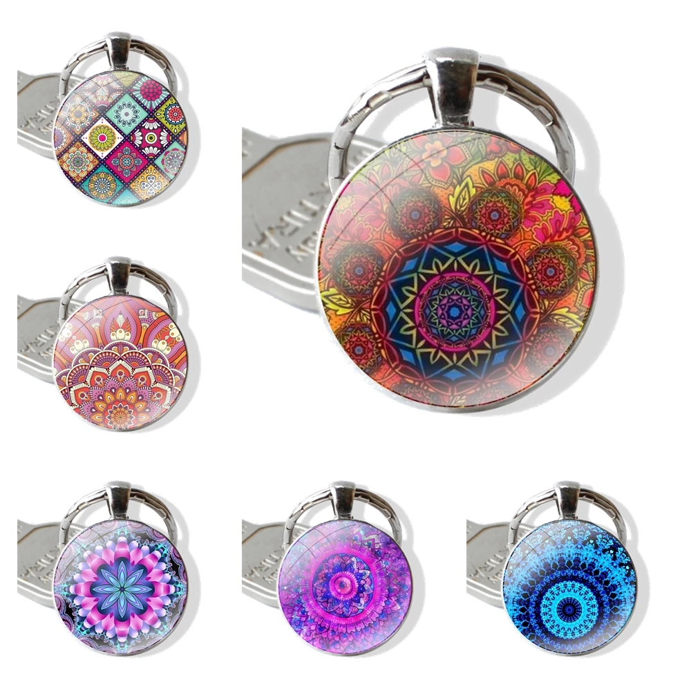 Cartoon Design Fashion Creative Keychain Handmade Glass Cabochon Key Ring Holder Pendant Key Chains COLORFUL MANDALA art