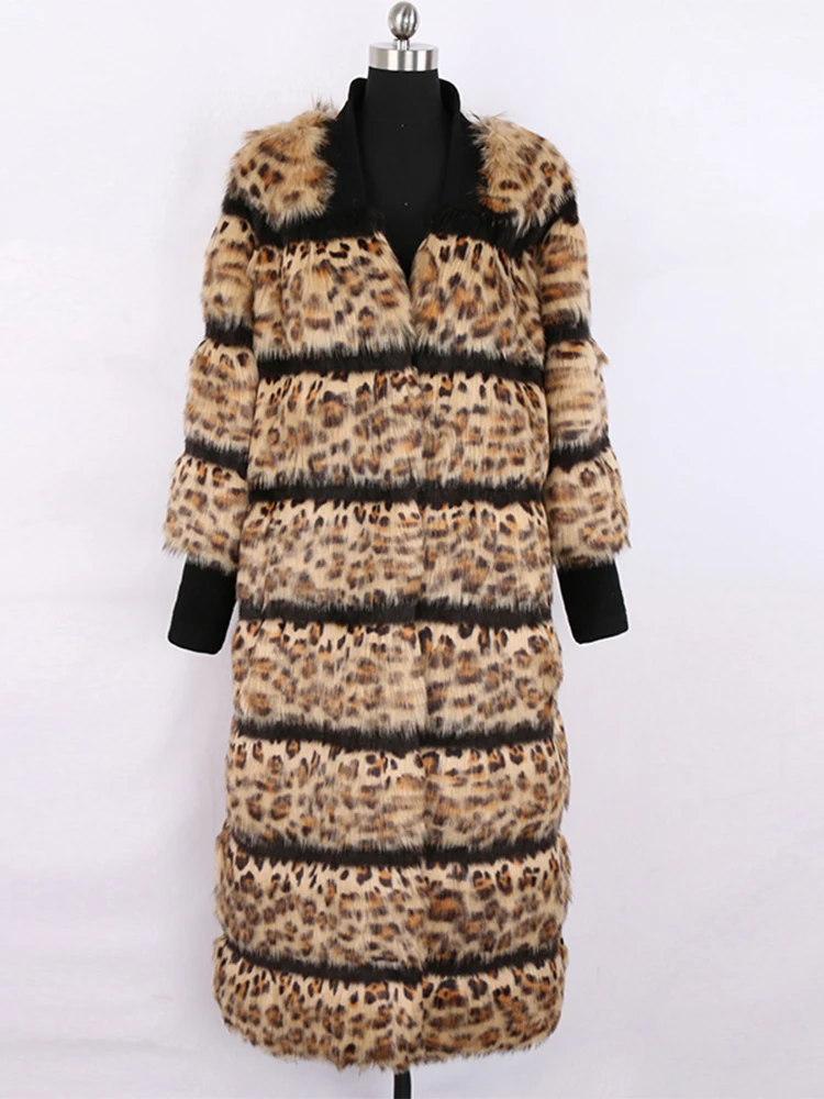 Nerazzurri Winter Long Striped Warm Leopard Soft Fluffy Hairy Faux Fur Coat Women Loose Luxury Designer Fashion 2021 Streetwear