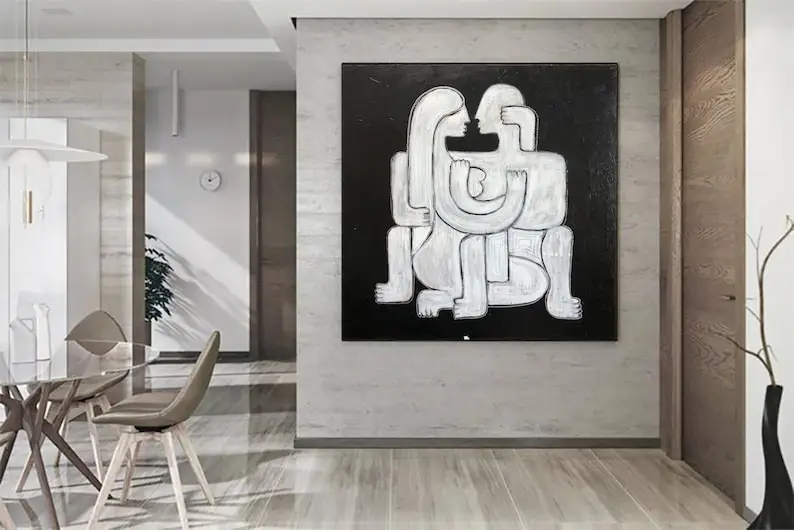 

Oversized Wall Art Abstract Original Human Black And White Paintings On Canvas White Couple Living Room Wall Art Framed Artwork