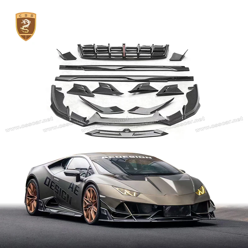 

Для Lamborghini Huracan EVO: комплект для тюнинга в стиле AE из сухого карбона – передний бампер, сплиттер, боковые накладки, задний диффузор, сплиттер-накладки на пороги.
