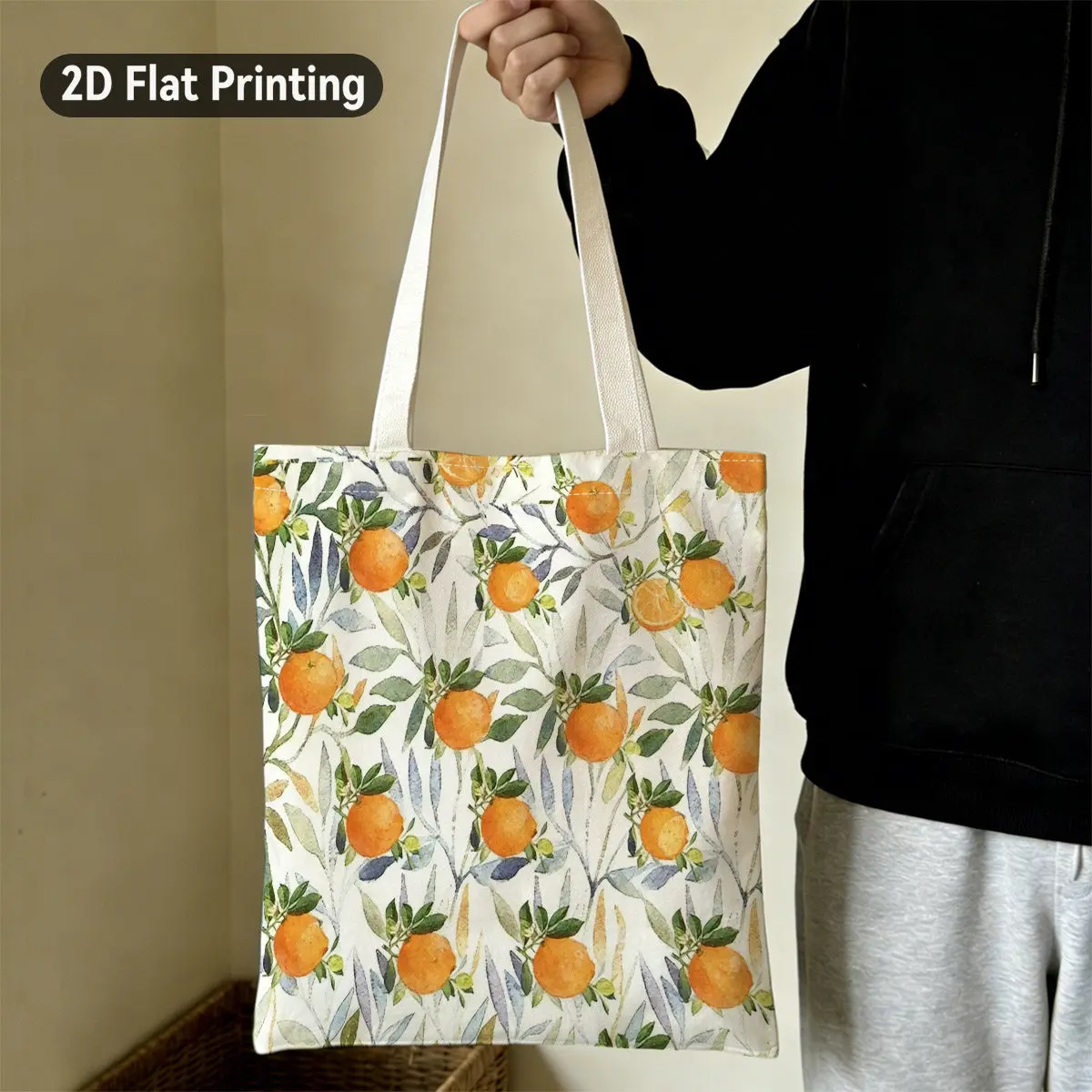 2D Flat 1pc Watercolor Orange Fruits with Leaves Durable Tote Bag, Duplex Prints Vibrant Citrus Branch Art, Ideal for Grocery Sh