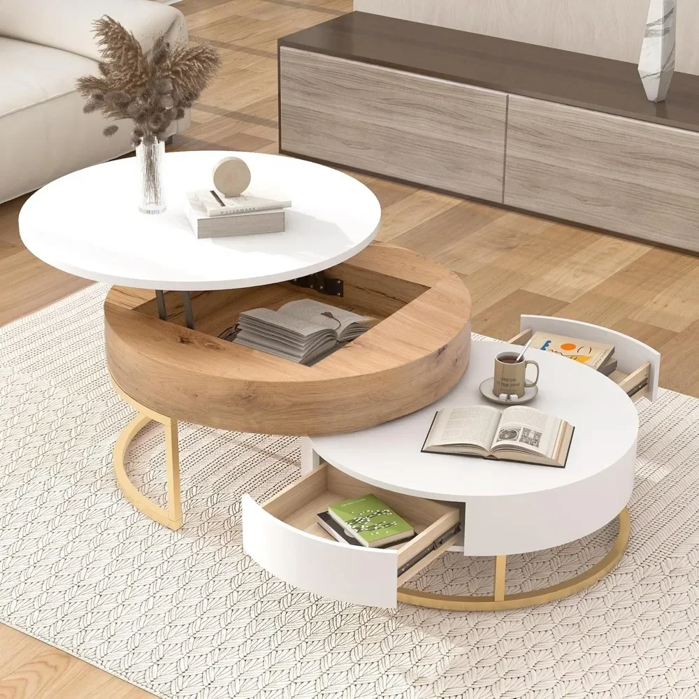 Coffee Table, Lift-Top Nested Coffee Tables with Storage Compartment & 2 Drawers, Round Cocktail Tables Center Table