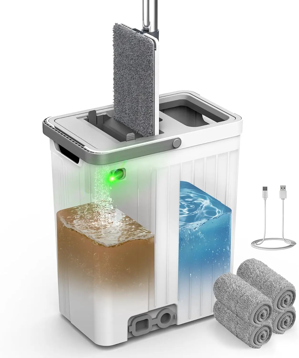 

Auto Pump Mop and Bucket Set with 3-Zone Water Separation, Wheels, Wringer, and 4 Reusable Pads for Easy Floor Cleaning