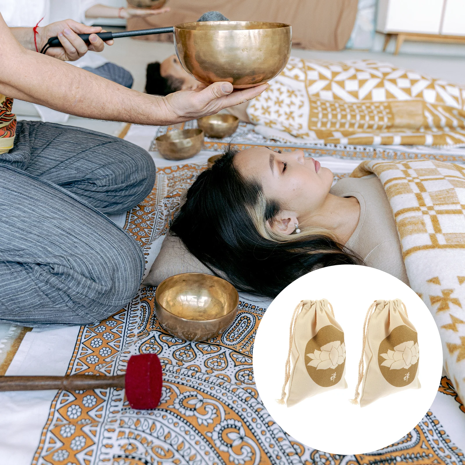 

2 Pcs Buddha Sound Bowl Bag Khaki Cotton Linen Drawstring Storage Compact Size Durable Craftsmanship Song Bowl Pouch