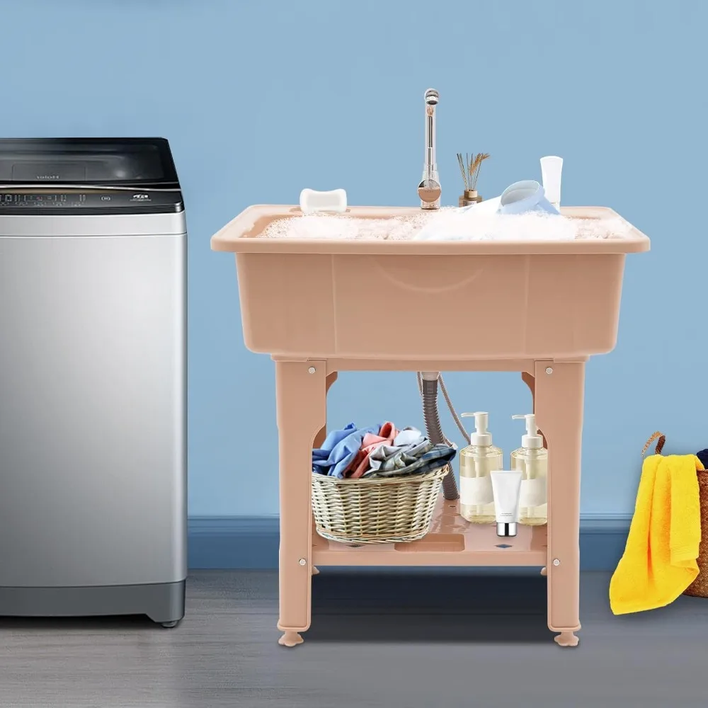 현대식 세탁실용 욕조, 넓은 싱크대와 수납 선반이 있는 효율적인 세탁 공간