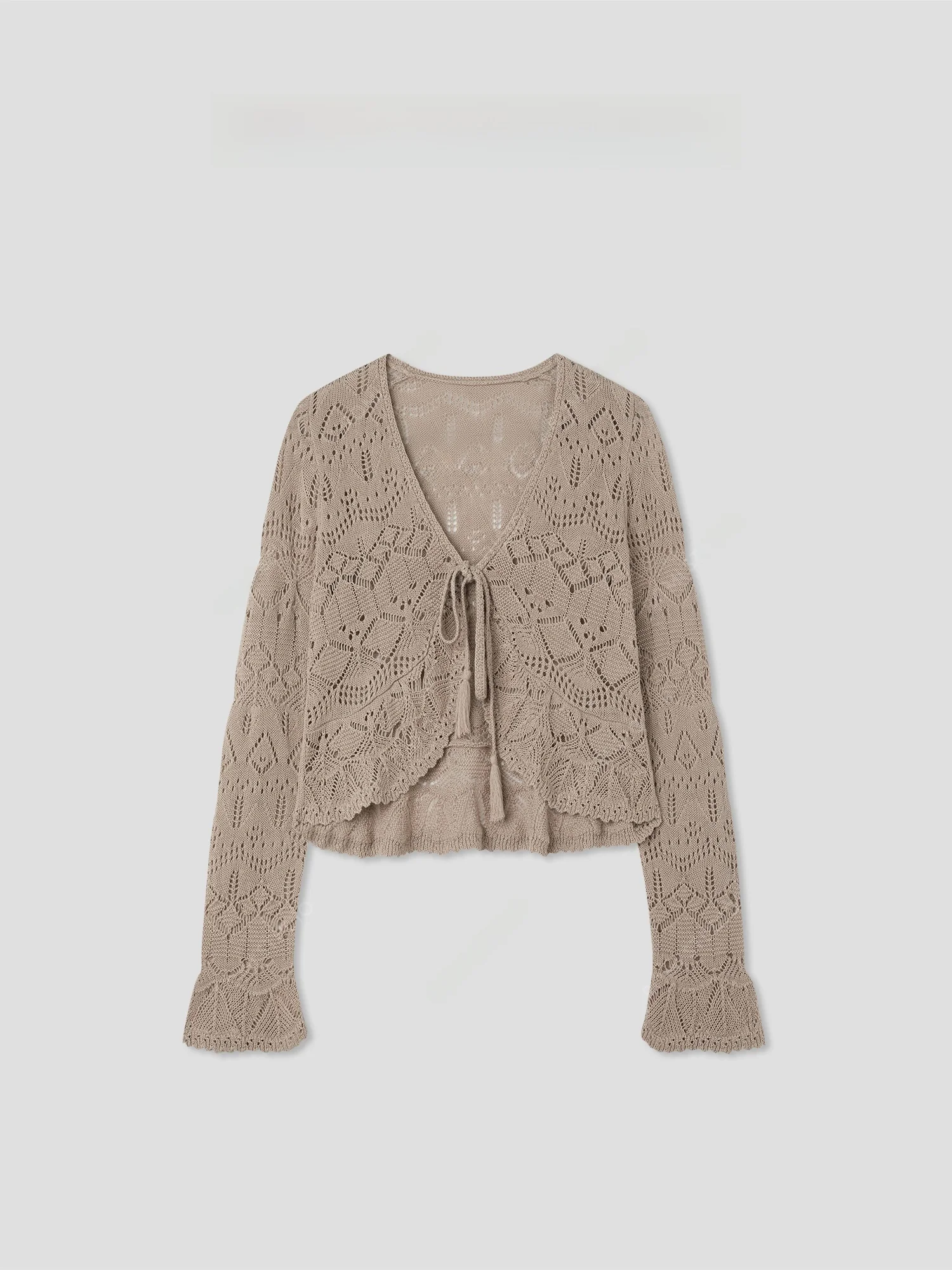 

Romantic Loose Cotton Linen Blend Knitted Cardigan with Belt French Sle Women's Long Sve V-Ne Open Cardigan