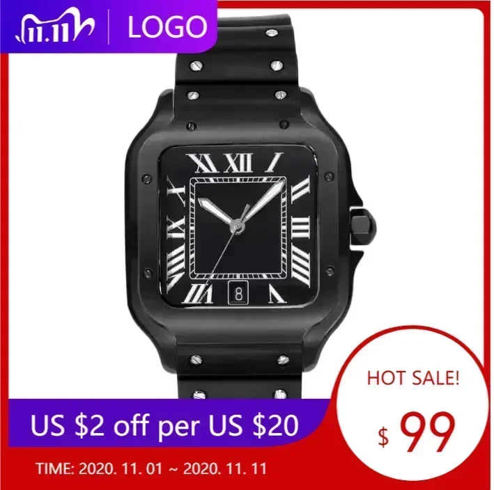 أعلى جودة N الرجال النساء التلقائية الميكانيكية ووتش الفولاذ المقاوم للصدأ الرياضة الأسود المطاط حزام الياقوت الزجاج ساحة الساعات