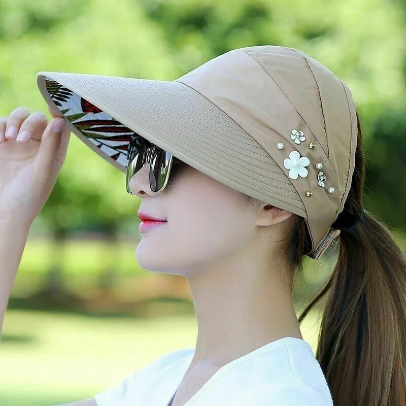 

Sun Hat Summer Shade Fashion Women Ladies Summer Vacation Wide Brim Foldable Anti-UV Beach Visor Caps Empty Top Hats Korea Style