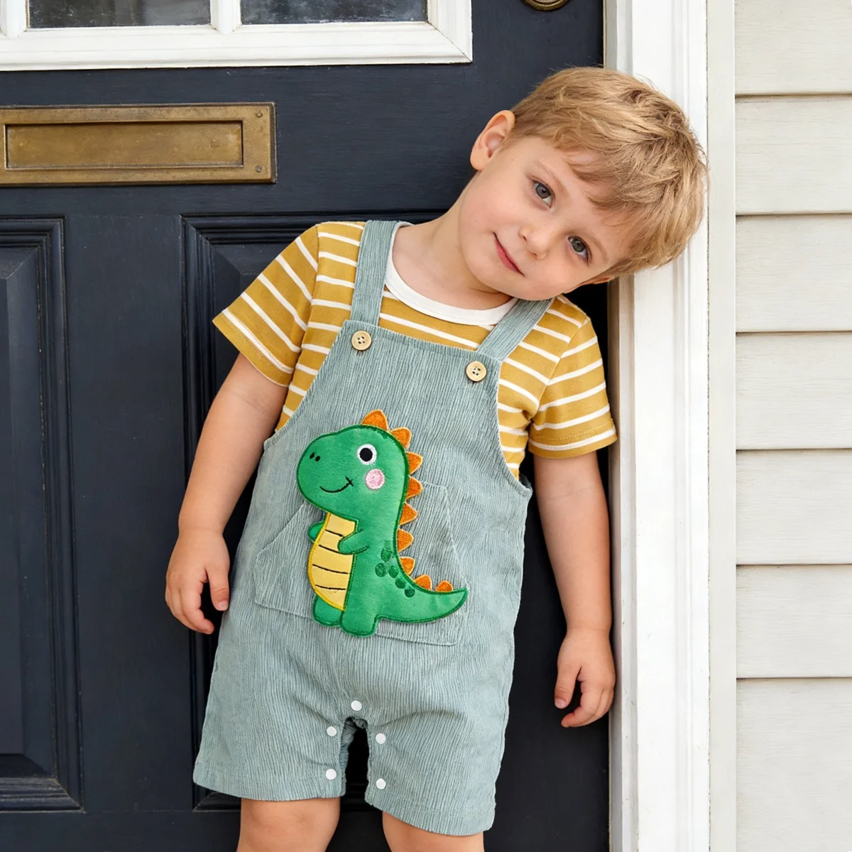0-18M Baby Summer Outfit Casual Loose Fit Striped Crew Neck Short Sleeve Tops and Patch Embroidered Overalls 2 Pcs Set