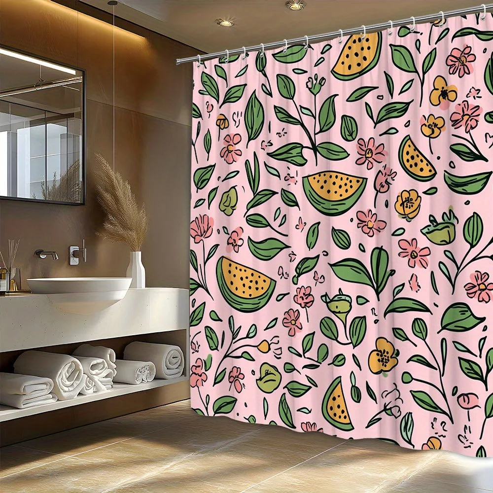 

1pc Vibrant Watermelon & Floral Shower Curtain, Light Pink with Green Leaves & Pink Flowers, Washable Polyester Fabric, Fashiona
